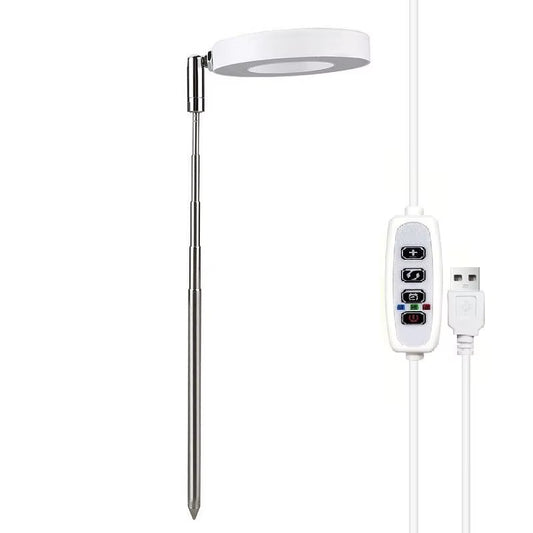 Adjustable full spectrum LED plant light lamp with built-in timer—perfect for hydroponic and indoor plant growth; shown in front packet view. LED plant light, full spectrum, dimmable plant light lamp, built-in timer, hydroponic light, indoor plant lighting